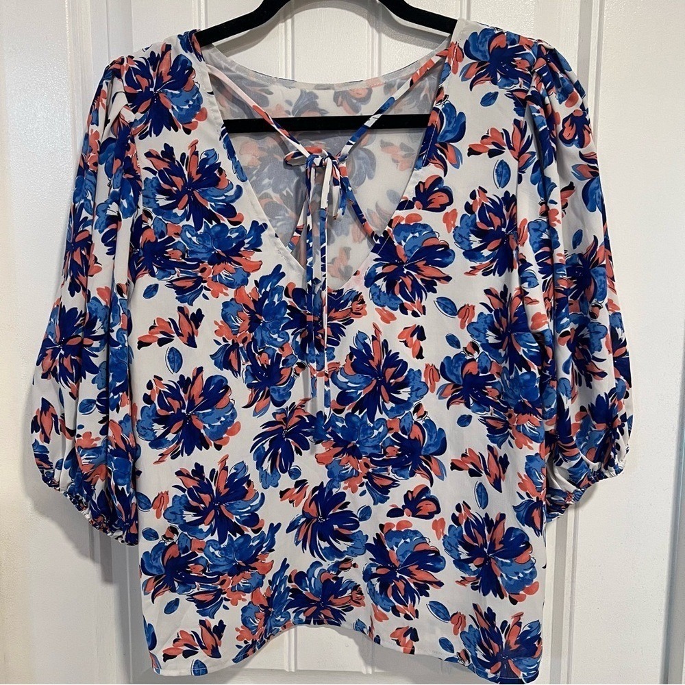 THML Women's Floral Pink Blue Lined Puffy Sleeved Top.‎ Size Medium. - Picture 3 of 11
